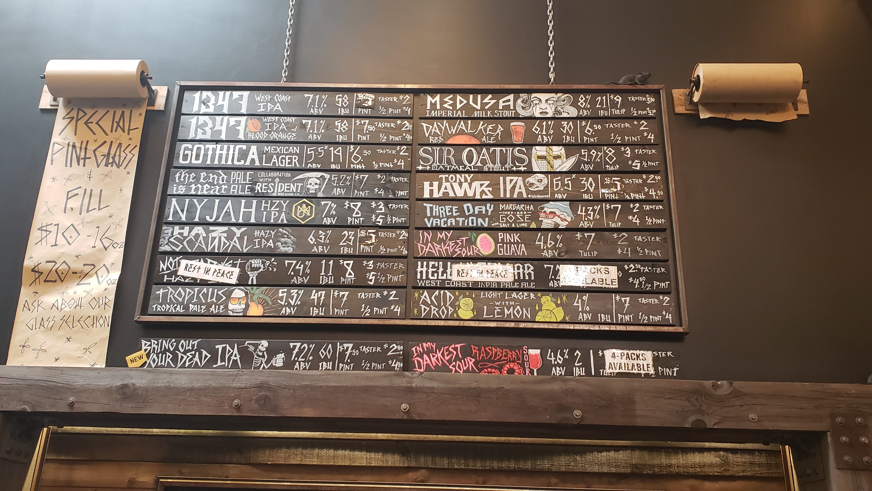 The menu of beers that changes daily at Black Plague Brewing. They have reliable favorites and new, experimental beers.