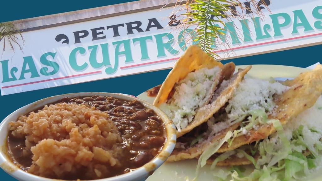 Rice and beans with tacos at Las Cuatro Milpas in San Diego, CA