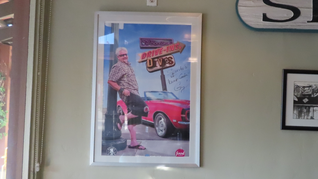 On a wall inside Spirito's to the left of the entrance is a poster signed by restauranteur and celebrity/tv personality Guy Fieri who featured Spirito's on an episode of his show in 2013.